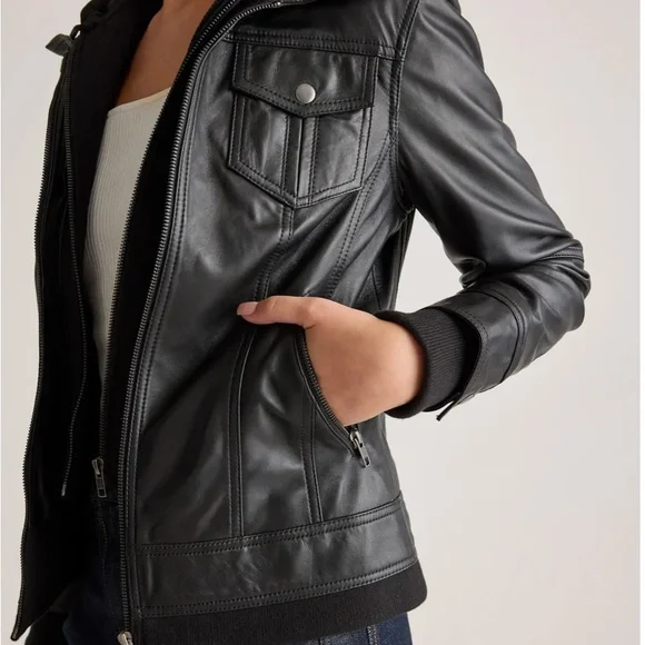 Quince NWOT Women's Black Leather Jacket with Hood - Picture 3 of 13